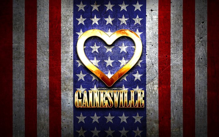 J&#39;aime Gainesville, villes am&#233;ricaines, inscription dor&#233;e, USA, coeur d&#39;or, drapeau am&#233;ricain, Gainesville, villes pr&#233;f&#233;r&#233;es, Love Gainesville