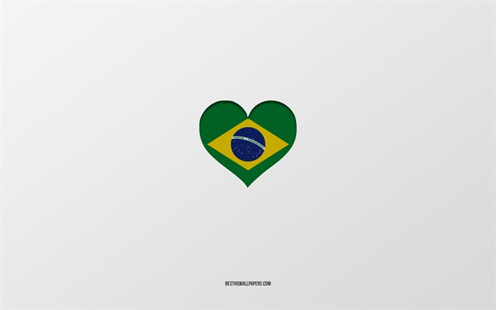 Brezilya, G&#252;ney Amerika &#252;lkeleri, gri arka plan, Brezilya bayrağı kalp, favori &#252;lke, Brezilya seviyorum