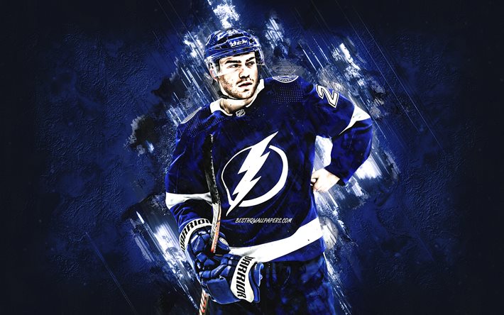 Brayden Point, Tampa Bay Lightning, NHL, canadian ice hockey player, portrait, blue stone background, hockey