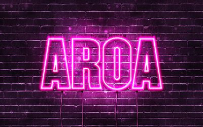 Aroa, 4k, wallpapers with names, female names, Aroa name, purple neon lights, Happy Birthday Aroa, popular spanish female names, picture with Aroa name