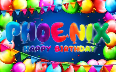 Joyeux anniversaire Phoenix, 4k, cadre ballon coloré, nom de Phoenix, fond bleu, Phoenix joyeux anniversaire, anniversaire de Phoenix, noms masculins américains populaires, concept d'anniversaire, Phoenix