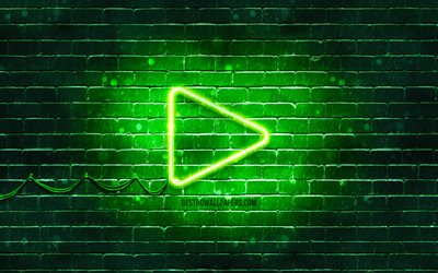 Play neon icon, 4k, green background, neon symbols, Play, creative, neon icons, Play sign, media signs, Play icon, media icons
