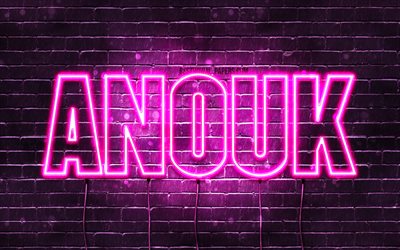Anouk, 4k, sfondi con nomi, nomi femminili, nome Anouk, luci al neon viola, buon compleanno Anouk, nomi femminili francesi popolari, foto con nome Anouk