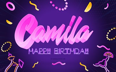 Happy Birthday Camila, 4k, Purple Party Background, Camila, creative art, Happy Camila birthday, Camila name, Camila Birthday, Birthday Party Background