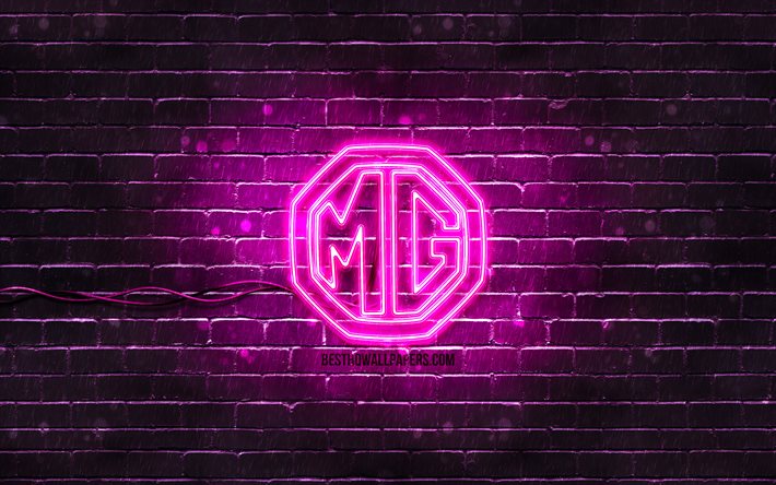 MG logo violet, 4k, brickwall violet, logo MG, marques de voitures, logo MG n&#233;on, MG