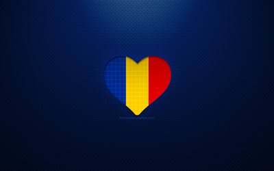 I Love Romania, 4k, Europa, bl&#229; prickig bakgrund, Rum&#228;nska flaggan hj&#228;rta, Rum&#228;nien, favoritl&#228;nder, Love Rum&#228;nien, rum&#228;nska flaggan
