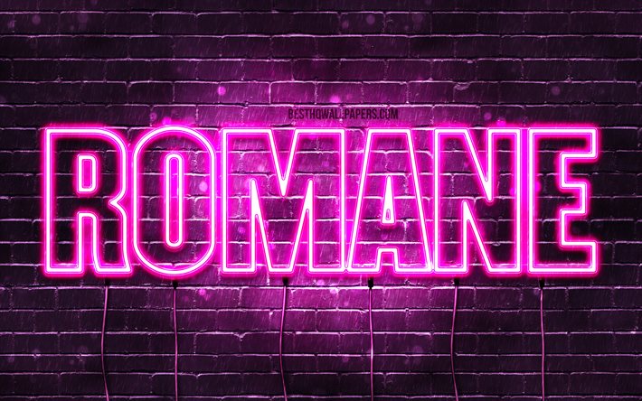 Romane, 4k, wallpapers with names, female names, Romane name, purple neon lights, Happy Birthday Romane, popular french female names, picture with Romane name