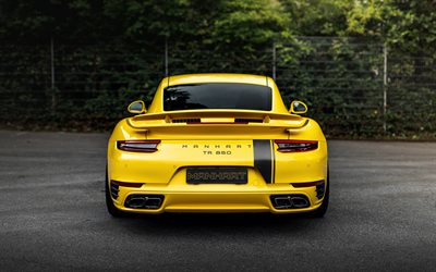 Porsche 911 Turbo S, Manhart, 2020, rear view, exterior, yellow sports coupe, german cars, Porsche