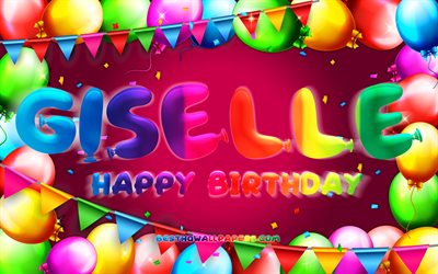 Buon compleanno Giselle, 4k, cornice palloncino colorato, nome Giselle, sfondo viola, Giselle Buon Compleanno, Giselle Compleanno, nomi femminili americani popolari, concetto di compleanno, Giselle