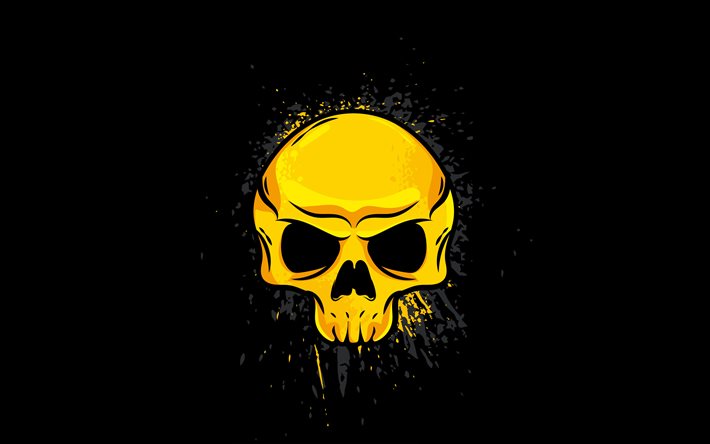 yellow skull, 4K, minimalism, creative, abstract skull, black backgrounds, skull
