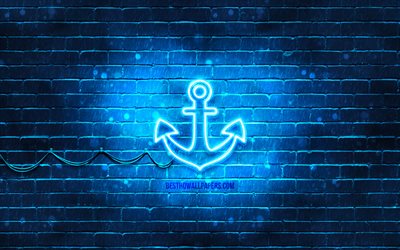 Icona al neon di ancoraggio, 4k, sfondo blu, simboli al neon, ancoraggio, creativo, icone al neon, segno di ancoraggio, segni di trasporto, icona di ancoraggio, icone di trasporto