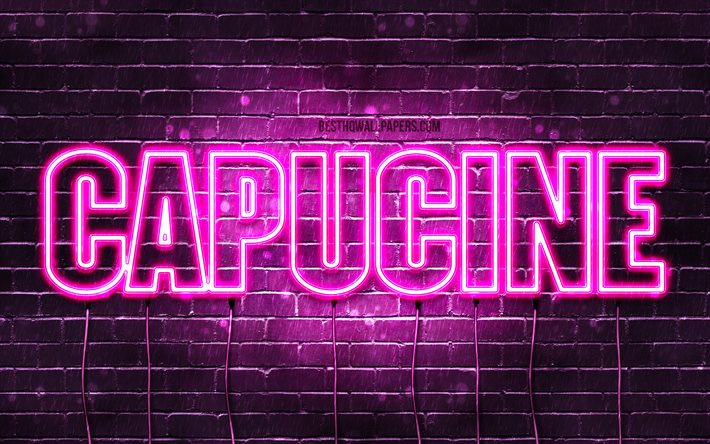 Capucine, 4k, wallpapers with names, female names, Capucine name, purple neon lights, Happy Birthday Capucine, popular french female names, picture with Capucine name