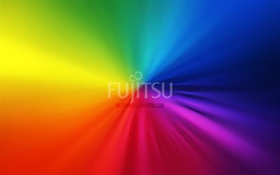 Fujitsu logo, 4k, vortex, rainbow backgrounds, creative, artwork, brands, Fujitsu
