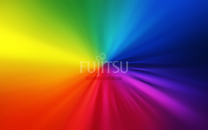 Fujitsu logotyp, 4k, vortex, regnb&#229;ge bakgrund, kreativa, konstverk, varum&#228;rken, Fujitsu