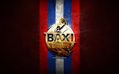 BAXI Manresa Roster, logotipo dourado, ACB, fundo de metal vermelho, time de basquete espanhol, logotipo baxi Manresa Roster, basquete, Basquet Manresa