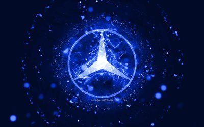 Logo Mercedes-Benz bleu foncé, 4k, néons bleu foncé, créatif, fond abstrait bleu foncé, logo Mercedes-Benz, marques de voitures, Mercedes-Benz
