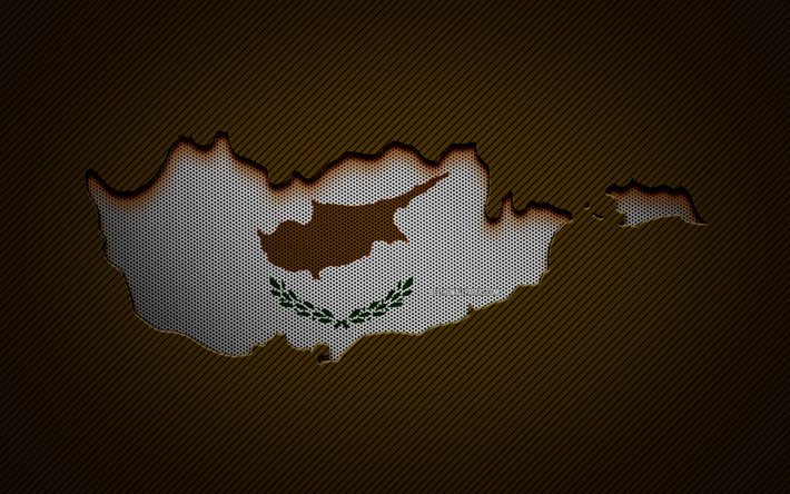 Mappa di Cipro, 4k, Paesi europei, Bandiera cipriota, Sfondo marrone carbone, Silhouette della mappa di Cipro, Bandiera di Cipro, Europa, Mappa cipriota, Cipro