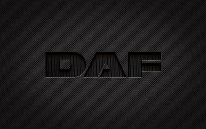 Logo IN carbonio DAF, 4k, arte grunge, sfondo in carbonio, creativo, logo nero DAF, marchi automobilistici, logo DAF, DAF