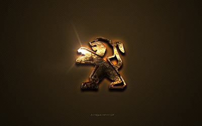 Peugeot golden logo, artwork, brown metal background, Peugeot emblem, creative, Peugeot logo, brands, Peugeot