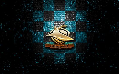Cronulla Sharks, logo scintillant, NRL, fond à carreaux bleu noir, rugby, club de rugby australien, logo Cronulla Sharks, mosaïque, National Rugby League