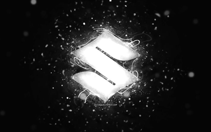 スズキホワイトロゴ, 4k, 白いネオンライト, creative クリエイティブ, 黒の抽象的な背景, スズキのロゴ, 車のブランド, スズキ