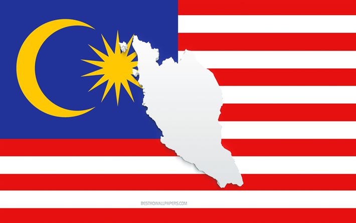 Silhouette de carte de Malaisie, drapeau de la Malaisie, silhouette sur le drapeau, Malaisie, silhouette de carte de Malaisie 3d, drapeau de Malaisie, carte de Malaisie 3d