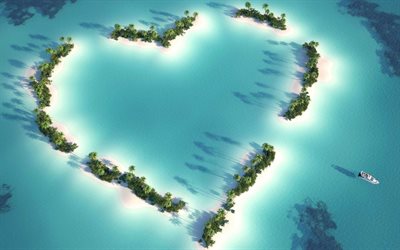 hjärtön, hav, tropiska öar, Maldiverna, hjärtformad ö, romantiska platser, kärlekskoncept