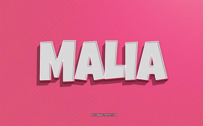 Malia, rosa linjer bakgrund, tapeter med namn, Malia namn, kvinnliga namn, Malia gratulationskort, streckteckning, bild med Malia namn