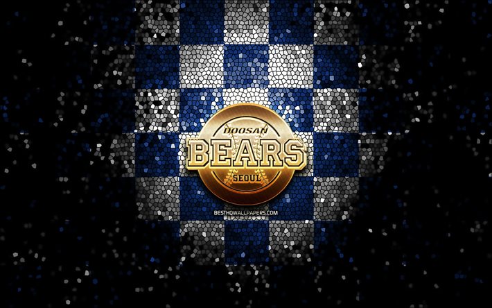 Doosan Bears, logo glitter, KBO, sfondo a scacchi bianco blu, baseball, squadra di baseball sudcoreana, logo Doosan Bears, arte del mosaico