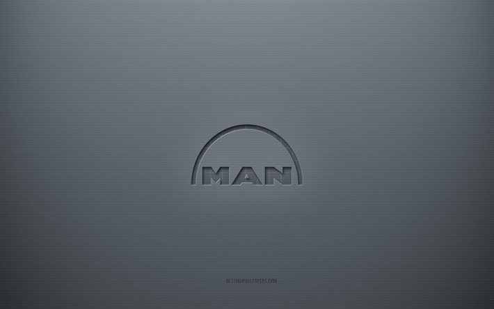 man-logo, grauer kreativer hintergrund, man-emblem, graue papierstruktur, man, grauer hintergrund, man 3d-logo