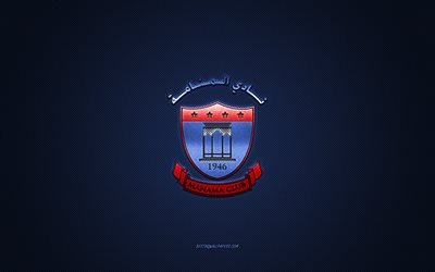 manama club, bahrainischer fu&#223;ballverein, bahrain premier league, rotes logo, blauer kohlefaserhintergrund, fu&#223;ball, manama, bahrain, manama club-logo