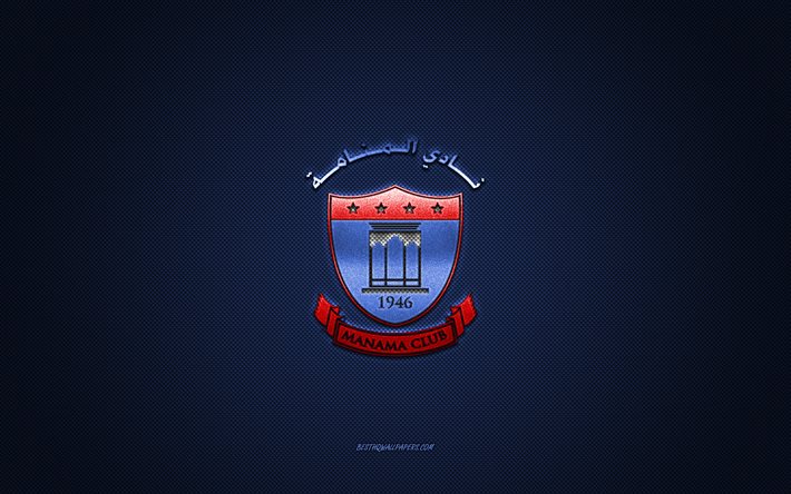 manama club, bahrainischer fu&#223;ballverein, bahrain premier league, rotes logo, blauer kohlefaserhintergrund, fu&#223;ball, manama, bahrain, manama club-logo