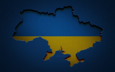 Ukraine map, 4k, European countries, Ukrainian flag, blue carbon background, Ukraine map silhouette, Ukraine flag, Europe, Ukrainian map, Ukraine, flag of Ukraine
