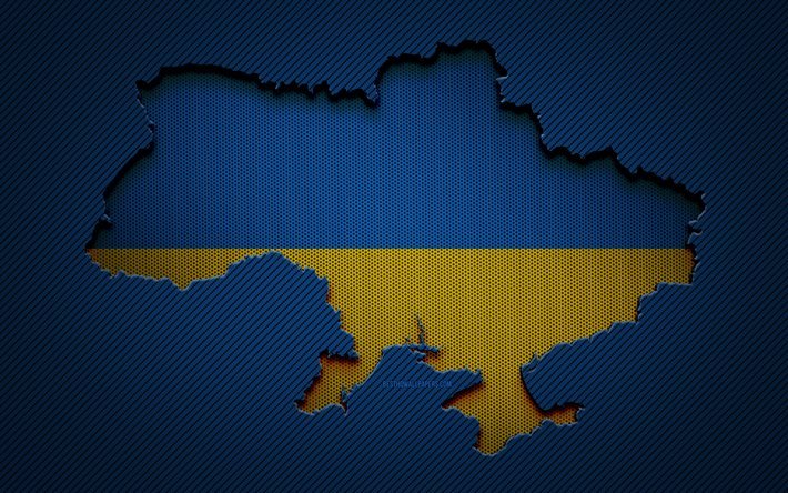 Mapa da Ucr&#226;nia, 4k, pa&#237;ses europeus, bandeira ucraniana, fundo de carbono azul, silhueta do mapa da Ucr&#226;nia, bandeira da Ucr&#226;nia, Europa, mapa da Ucr&#226;nia, Ucr&#226;nia