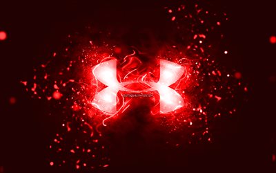 Under Armour red logo, 4k, red neon lights, creative, red abstract background, Under Armour logo, brands, Under Armour