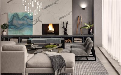 soggiorno, interni dal design elegante, pareti in marmo bianco nel soggiorno, interni dal design moderno, idea per il soggiorno, stile loft