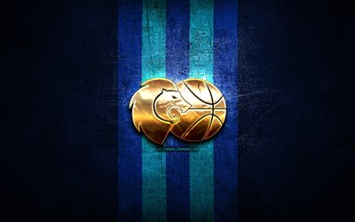 CB Breogan, logotipo dourado, ACB, fundo de metal azul, sele&#231;&#227;o espanhola de basquete, logotipo CB Breogan, basquete, Rio Breogan