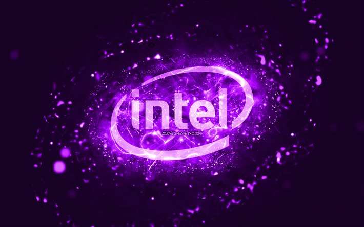 Intel violetti logo, 4k, violetit neon valot, luova, violetti abstrakti tausta, Intel logo, tuotemerkit, Intel
