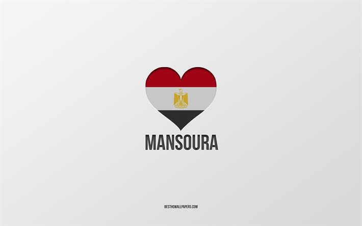 I Love Mansoura, Egyptian cities, Day of Mansoura, fundo cinza, Mansoura, Egypt, Cora&#231;&#227;o da bandeira eg&#237;pcia, cidades favoritas, Love Mansoura