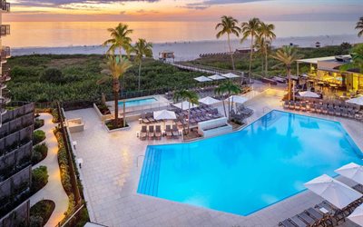 Marco Island, Floride, soirée, coucher de soleil, océan, côte, resort, Gulf Coast, piscine, USA