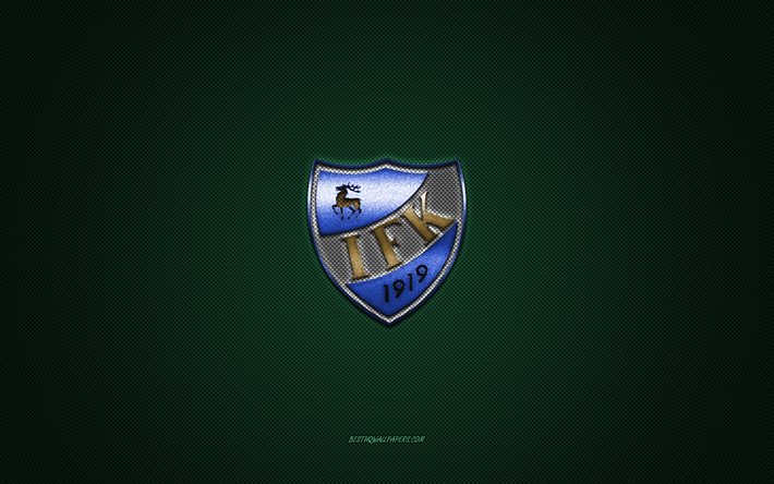 IFK Mariehamn, club de football finlandais, logo blanc bleu, fond vert en fibre de carbone, Veikkausliiga, football, Mariehamn, Finlande, logo IFK Mariehamn