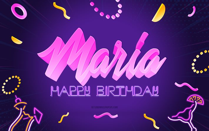 お誕生日おめでとうマリア, 4k, 紫のパーティーの背景, マリア, クリエイティブアート, マリアお誕生日おめでとう, マリアの名前, マリアの誕生日, 誕生日パーティーの背景