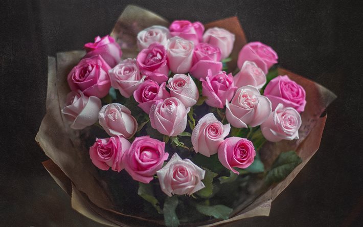 bukett rosa rosor, m&#229;lad bukett, rosor, vackra blommor, droppar vatten p&#229; kronblad, rosa rosor