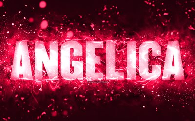 Buon Compleanno Angelica, 4k, luci al neon rosa, nome Angelica, creativo, Angelica Buon Compleanno, Compleanno Angelica, nomi femminili americani popolari, foto con nome Angelica, Angelica