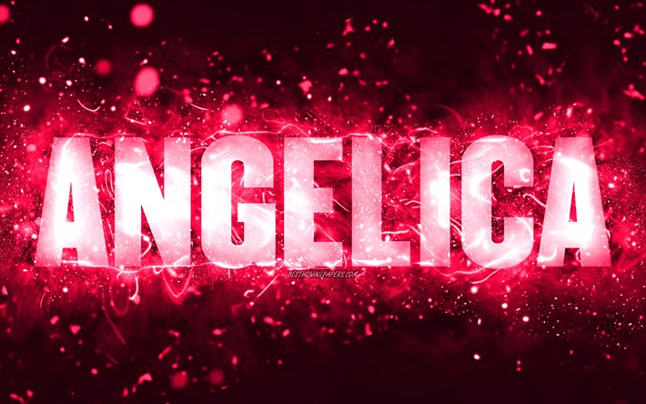 Feliz Anivers&#225;rio Angelica, 4k, luzes de n&#233;on rosa, Nome de Angelica, criativo, Angelica Feliz Anivers&#225;rio, Angelica Birthday, nomes femininos populares americanos, foto com o nome de Angelica, Angelica