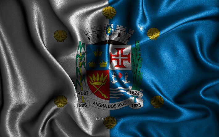 Bandeira de Angra dos Reis, 4k, bandeiras onduladas de seda, cidades brasileiras, Dia de Angra dos Reis, bandeiras de tecido, arte 3D, Angra dos Reis, cidades do Brasil, Bandeira 3D de Angra dos Reis