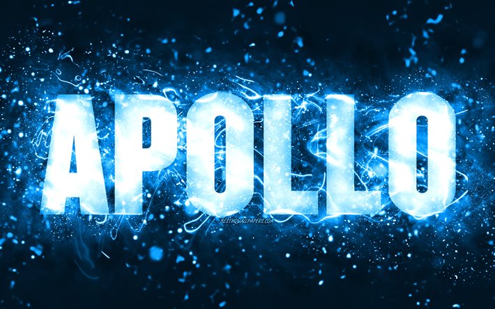 Joyeux anniversaire Apollo, 4k, n&#233;ons bleus, nom Apollo, cr&#233;atif, joyeux anniversaire Apollo, anniversaire Apollo, noms masculins am&#233;ricains populaires, photo avec nom Apollo, Apollo