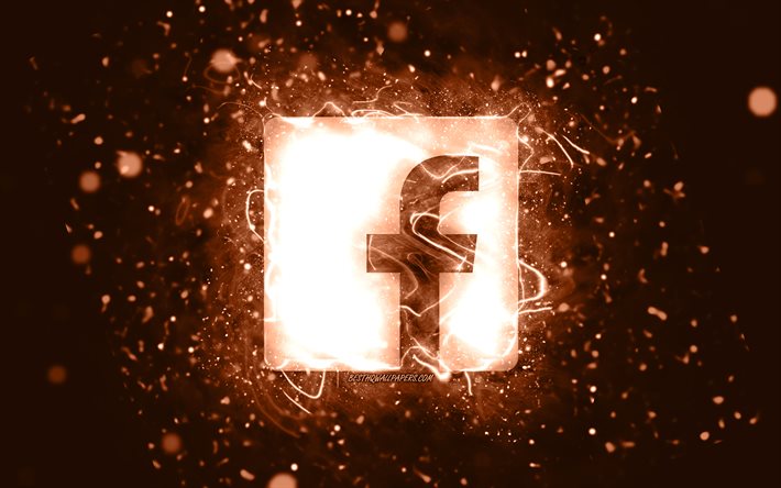 Facebook logo marrone, 4k, luci al neon marroni, creativo, sfondo marrone astratto, logo Facebook, social network, Facebook