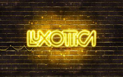 luxottica gelbes logo, 4k, gelbes brickwall, luxottica-logo, marken, luxottica-neon-logo, luxottica
