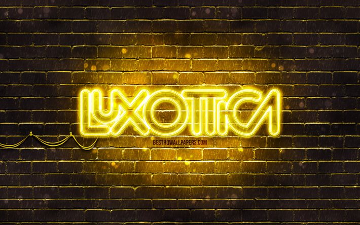 Logotipo amarelo Luxottica, 4k, parede de tijolos amarela, logotipo Luxottica, marcas, logotipo Luxottica neon, Luxottica